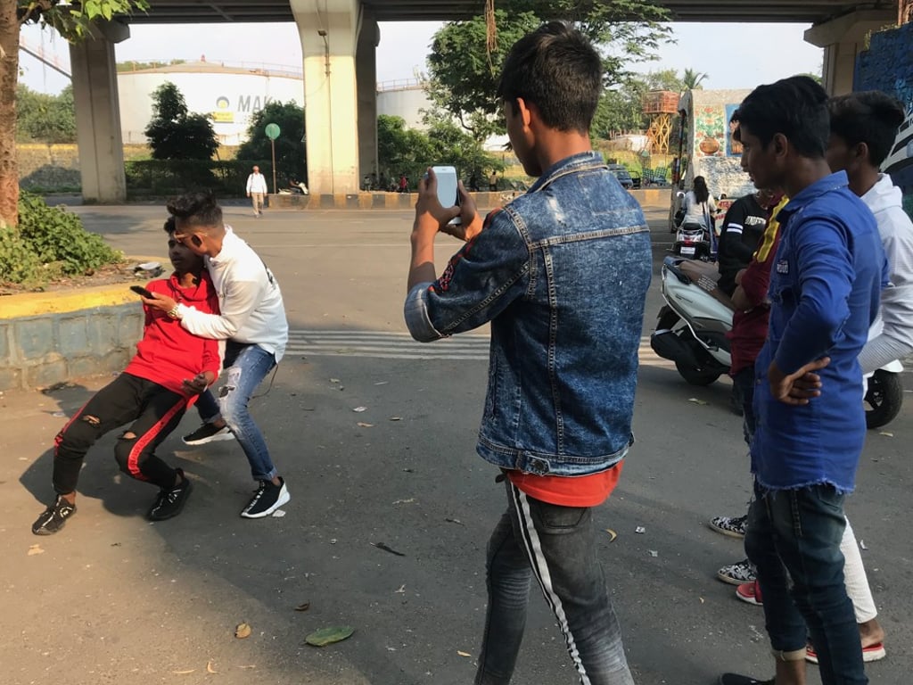Teens in Mumbai make a video at a TikTok junction. Photo: Soumya Shankar Teens in Mumbai make a video at a TikTok junction. Photo: Soumya Shankar