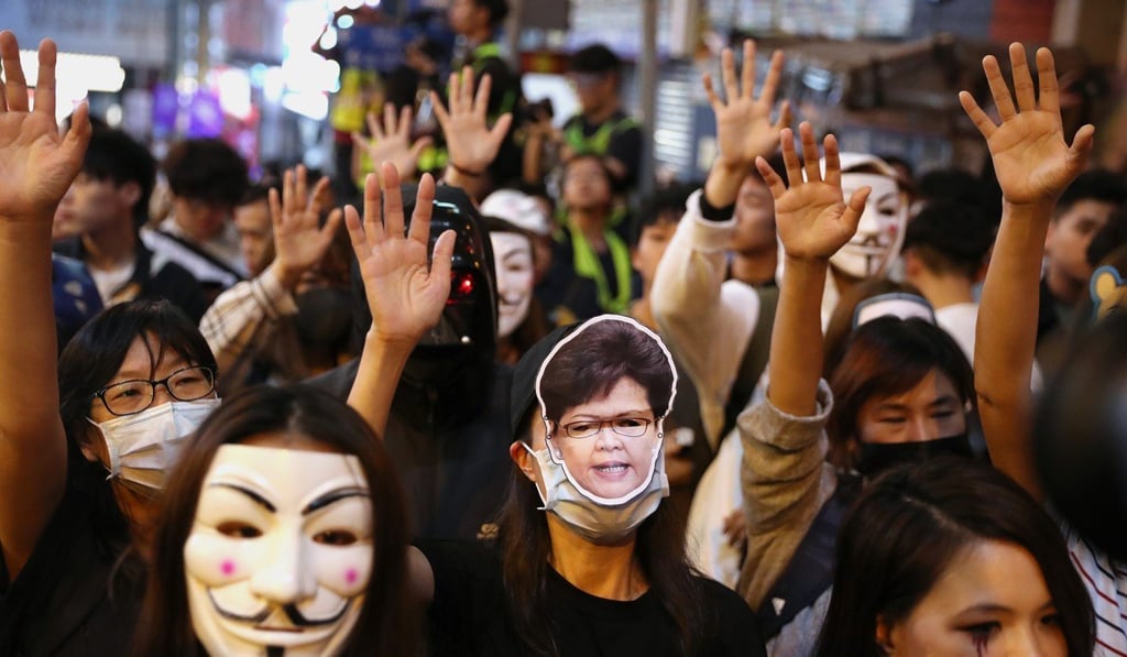 Anti-government protesters in Lan Kwai Fong in Hong Kong on Halloween. Photo: Sam Tsang