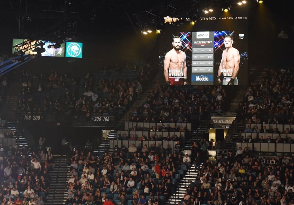 The UFC bout between Jorge Masvidal and Nate Diaz is shown on screens at MGM Grand Garden Arena in Las Vegas. Boxing partners DAZN network and Golden Boy Promotions delayed the start of the WBO light heavyweight title fight between Canelo Alvarez and Sergey Kovalev until after the conclusion of the UFC 244 pay-per-view event. Photo: AFP The UFC bout between Jorge Masvidal and Nate Diaz is shown on screens at MGM Grand Garden Arena in Las Vegas. Boxing partners DAZN network and Golden Boy Promotions delayed the start of the WBO light heavyweight title fight between Canelo Alvarez and Sergey Kovalev until after the conclusion of the UFC 244 pay-per-view event. Photo: AFP