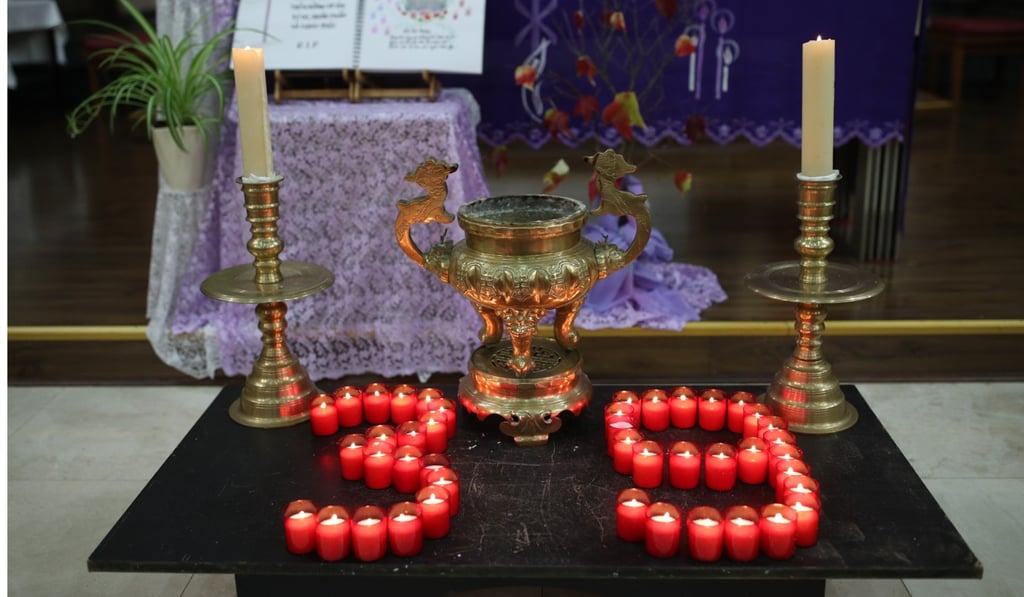 Candles designed as part of the ceremony and vigil for the 39 victims. Photo: DPA