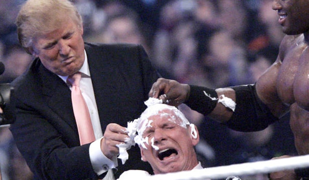 Donald Trump shaving Vince McMahon’s head during a WWE event. Madness in its purest form. Photo: AP