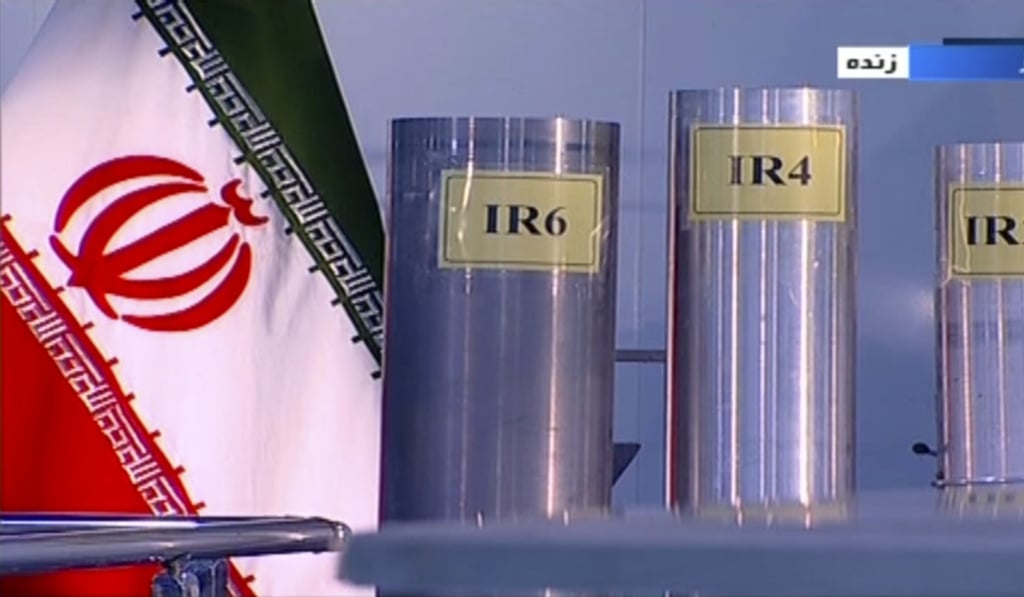 A screen grab from Iranian state television footage shows three versions of domestically built centrifuges from Natanz, an Iranian uranium enrichment plant, in June 2018. Photo: IRIB via AP