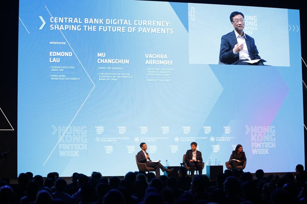 Mu Changchun (centre) of the People’s Bank of China during a panel discussion at Fintech Week conference on how the central bank’s digital currency could shape the future of cross-border payments. The panel was chaired by the Hong Kong Monetary Authority’s senior executive director Edmond Lau. Photo: Handout