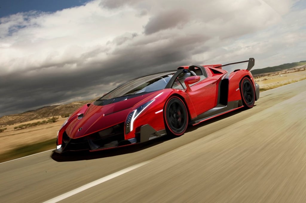 The Lamborghini Veneno Roadster has a 6.5 litre aspirated V12 engine and a top speed of 366km/h.