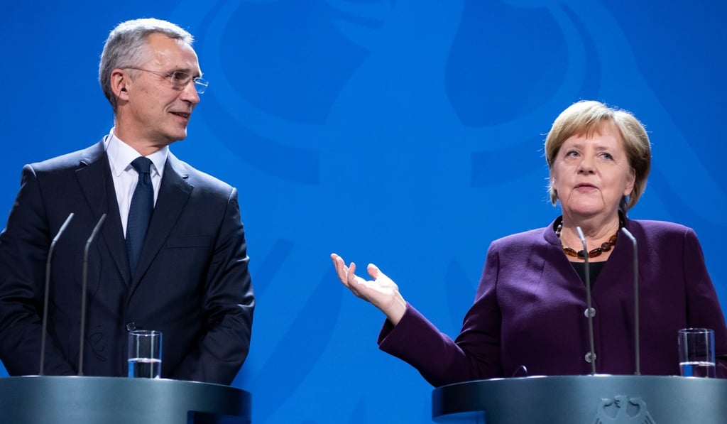 German Chancellor Angela Merkel and Nato Secretary General Jens Stoltenberg hold a joint press conference in Berlin on Thursday. Photo: dpa German Chancellor Angela Merkel and Nato Secretary General Jens Stoltenberg hold a joint press conference in Berlin on Thursday. Photo: dpa