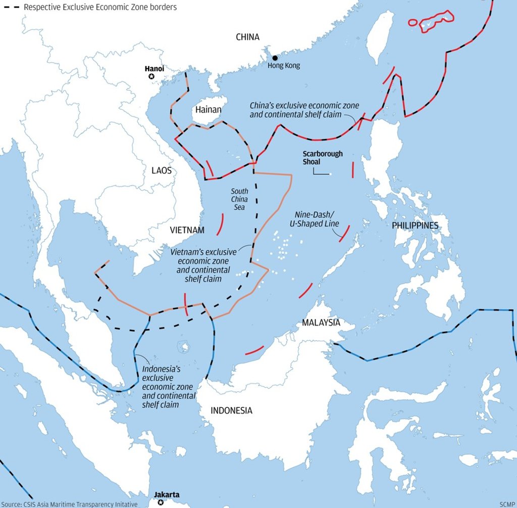 A map showing claimant countries’ exclusive economic zones in the South China Sea.