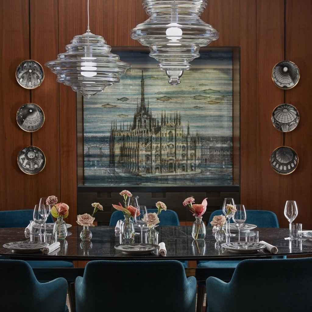 The private dining room, inspired by Piero Fornasetti’s Duomo Sommerso, seats eight. The private dining room, inspired by Piero Fornasetti’s Duomo Sommerso, seats eight.