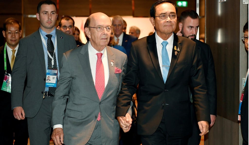 Thai Prime Minister Prayuth Chan-ocha with US Commerce Secretary Wilbur Ross in Bangkok on Sunday. Photo: Reuters