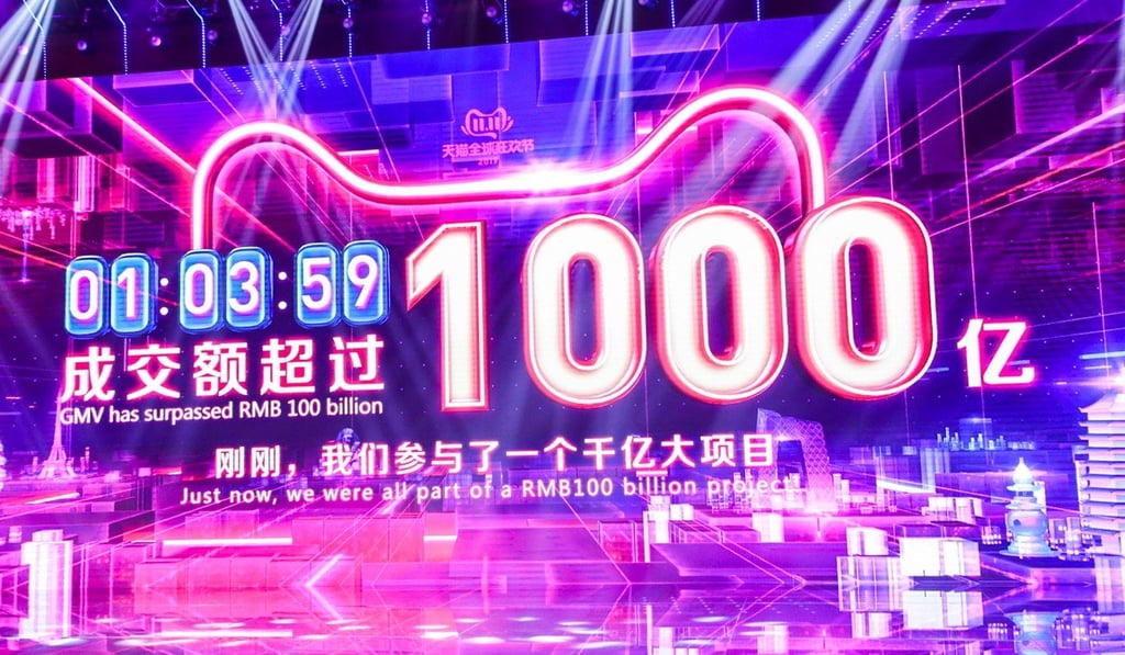 A big screen shows online gross merchandise volume at 1.04am during the 11.11 Tmall Shopping Festival in Shanghai. Photo: EPA-EFE