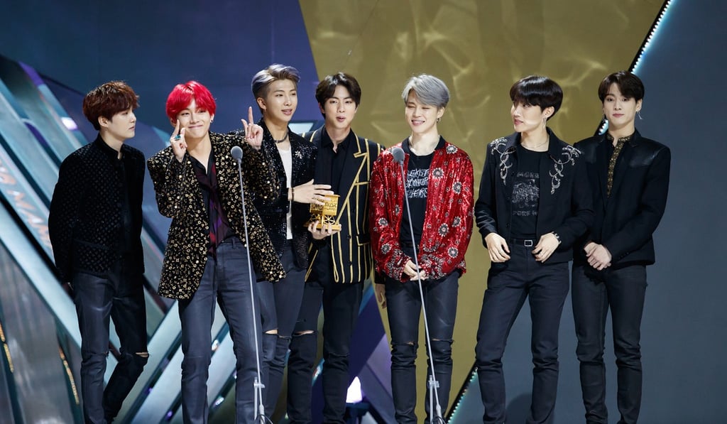 K-pop group BTS receive Album of the Year for their album Love Yourself Tear at the 2018 Mama awards show in Hong Kong. Photo: Mnet Asian Music Awards