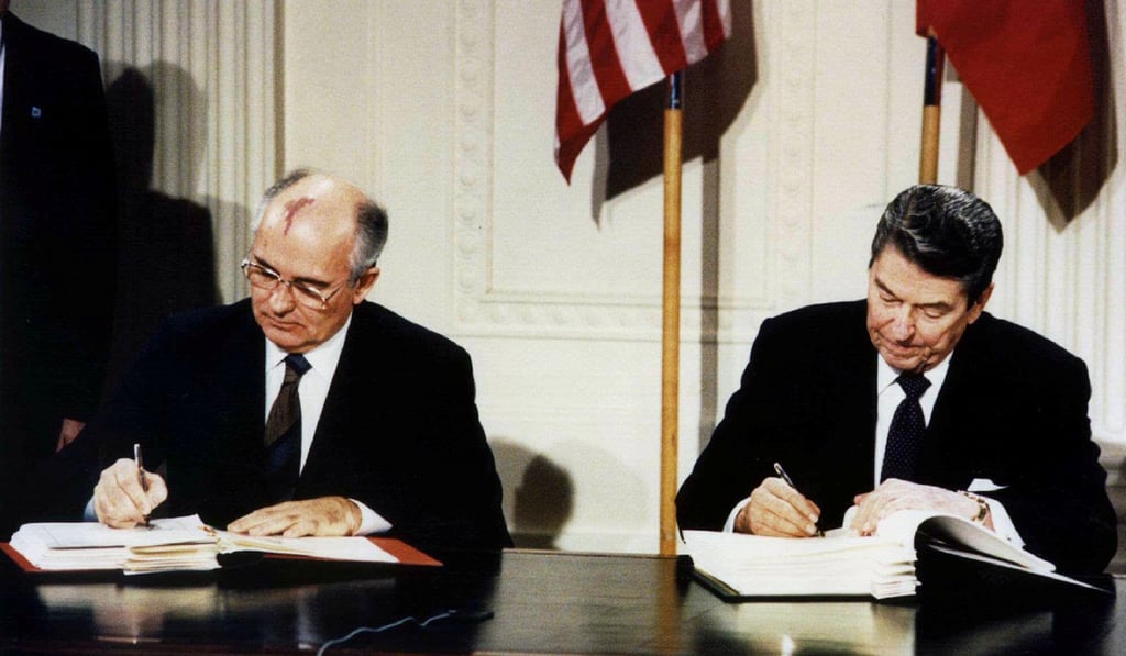 The US has pulled out of the Intermediate-Range Nuclear Forces Treaty, which was signed in Washington on December 8, 1987 by Soviet leader Mikhail Gorbachev and US president Ronald Reagan. Photo: Reuters