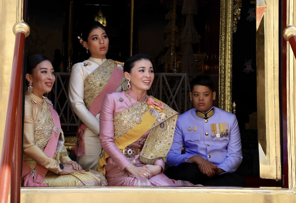 Members of the Thai royal family (from left), the king’s daughters, Princess Bajrakitiyabha and Princess Sirivannavari Nariratana, Queen Suthida and the king’s son, Prince Dipangkorn Rasmijoti during the monarch’s coronation at the Grand Palace in Bangkok on May 4, 2019. Photo: EPA-EFE