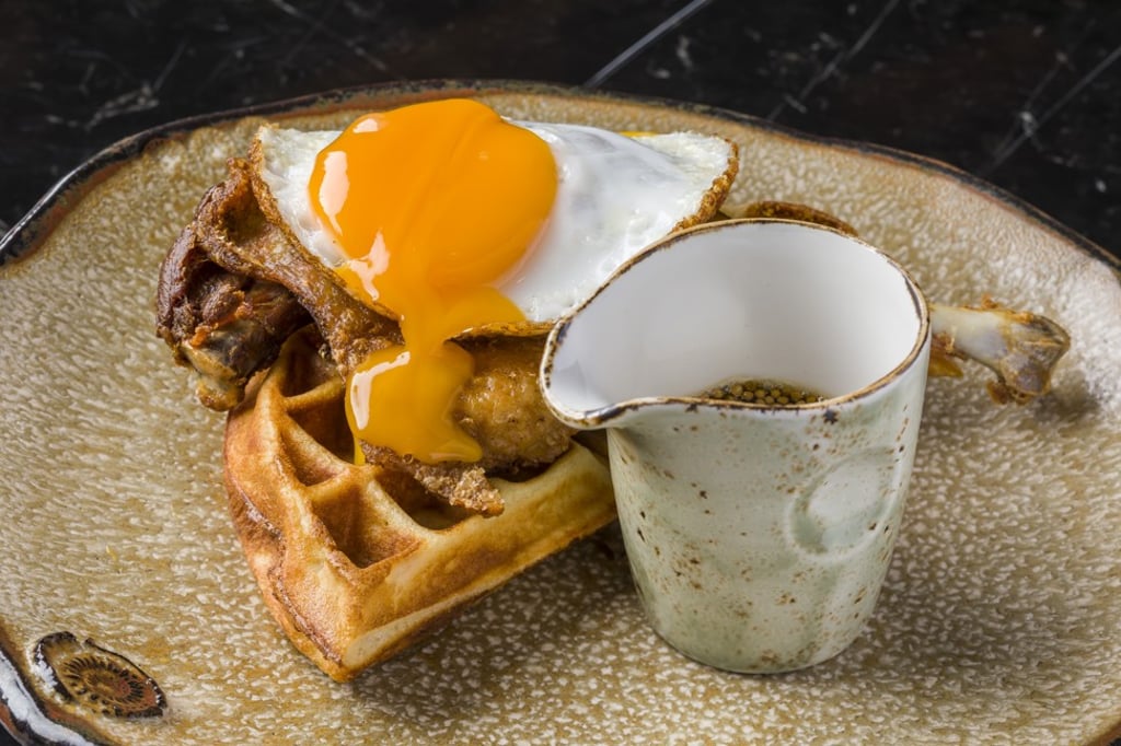 Duck and waffle – confit duck leg, buttermilk waffle, fried duck egg and mustard maple syrup