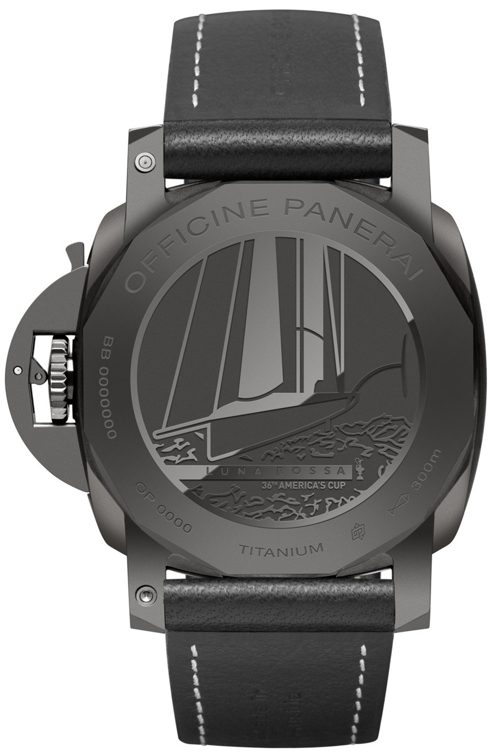 The caseback of Panerai’s Luminor Luna Rossa GMT 44mm (PAM01036).