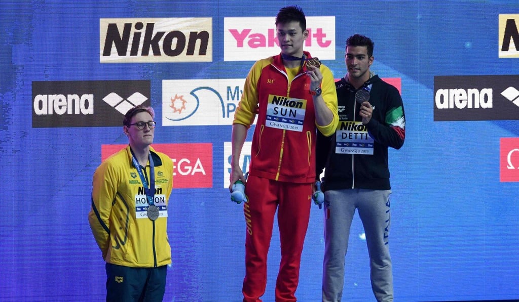 Silver medallist Australia’s Mack Horton refuses to stand on the podium with gold medallist China’s Sun Yang. Photo: AFP