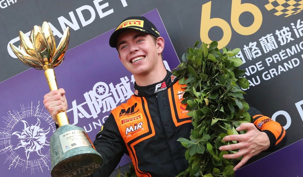 Richard Verschoor celebrates with his trophy for winning the Formula 3 Macau Grand Prix. Photo: K. Y. Cheng