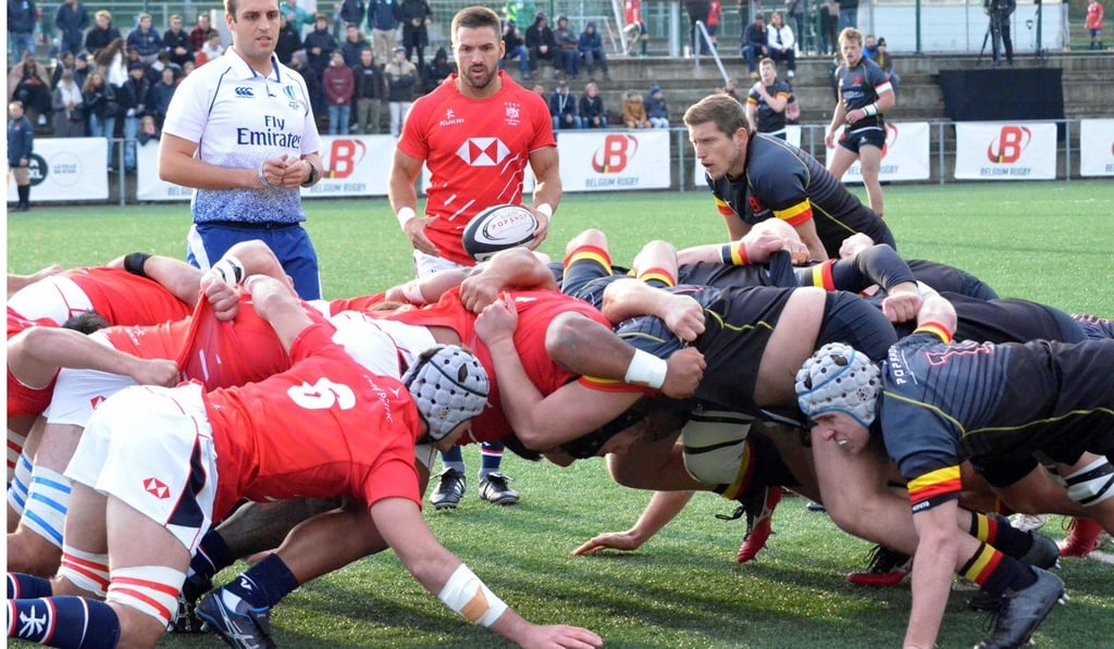 Captain Liam Slatem gets set to start the scrum against Belgium. Photo: HKRU Captain Liam Slatem gets set to start the scrum against Belgium. Photo: HKRU