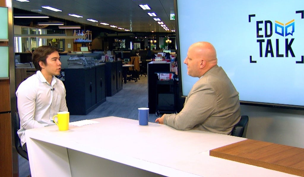 Reporter Ben Young (left) with David Lovelin, high school principal at Hong Kong International School, during filming of South China Morning Post’s new EdTalk video discussion series.