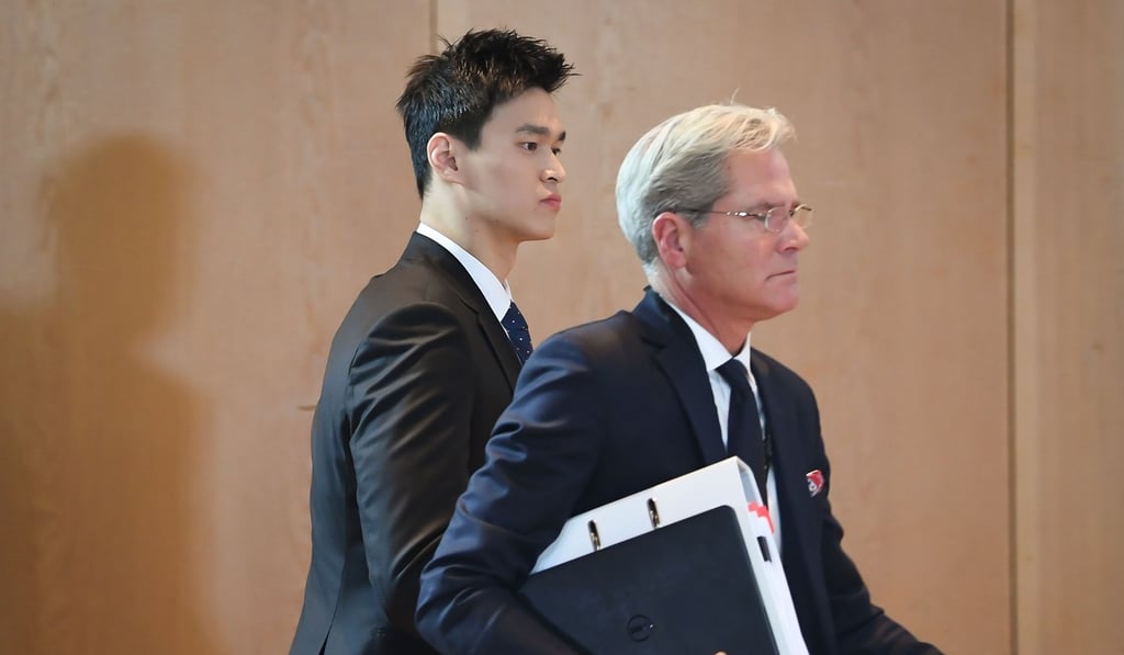 China's swimming star Sun Yang (left) with his counsel Ian Meakin (right) prior to his public hearing at the Court of Arbitration for Sport. Photo: AFP