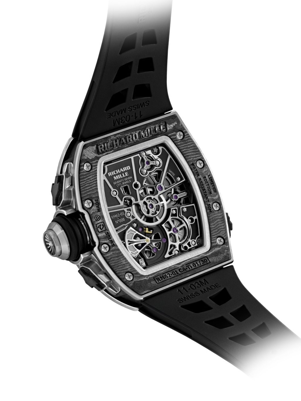 The RM 62-01 has a 70-hour power reserve and a tourbillon.