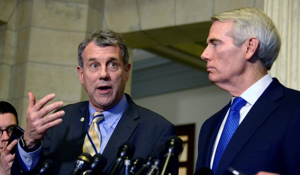 Republican US Senator Rob Portman (right), leader of the upper chamber’s Homeland Security and Government Affairs Permanent Subcommittee on Investigations, with Democrat Senator Sherrod Brown last year. Both favour restrictions on Chinese access to US technology. Photo: Reuters