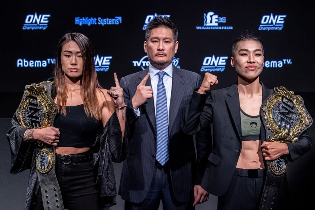 One Championship CEO Chatri Sityodtong stands between the company’s two female MMA champions, Angela Lee (left) and Xiong Jingnan. Photo: One Championship