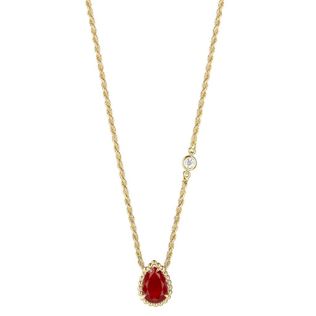 Boucheron’s Serpent Bohème XS pendant, set with carnelian and one round diamond, on a yellow gold chain
