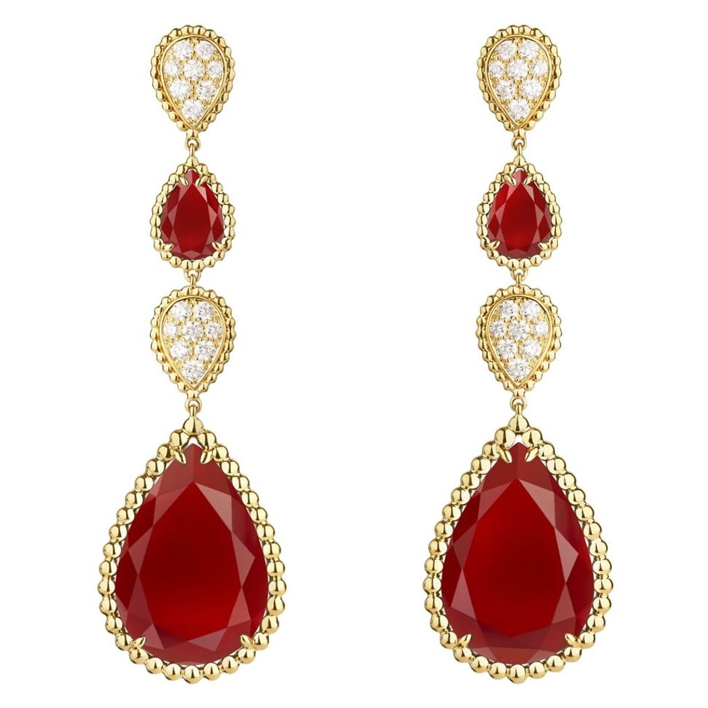 Serpent Bohème pendant earrings set with carnelian and diamonds on yellow gold