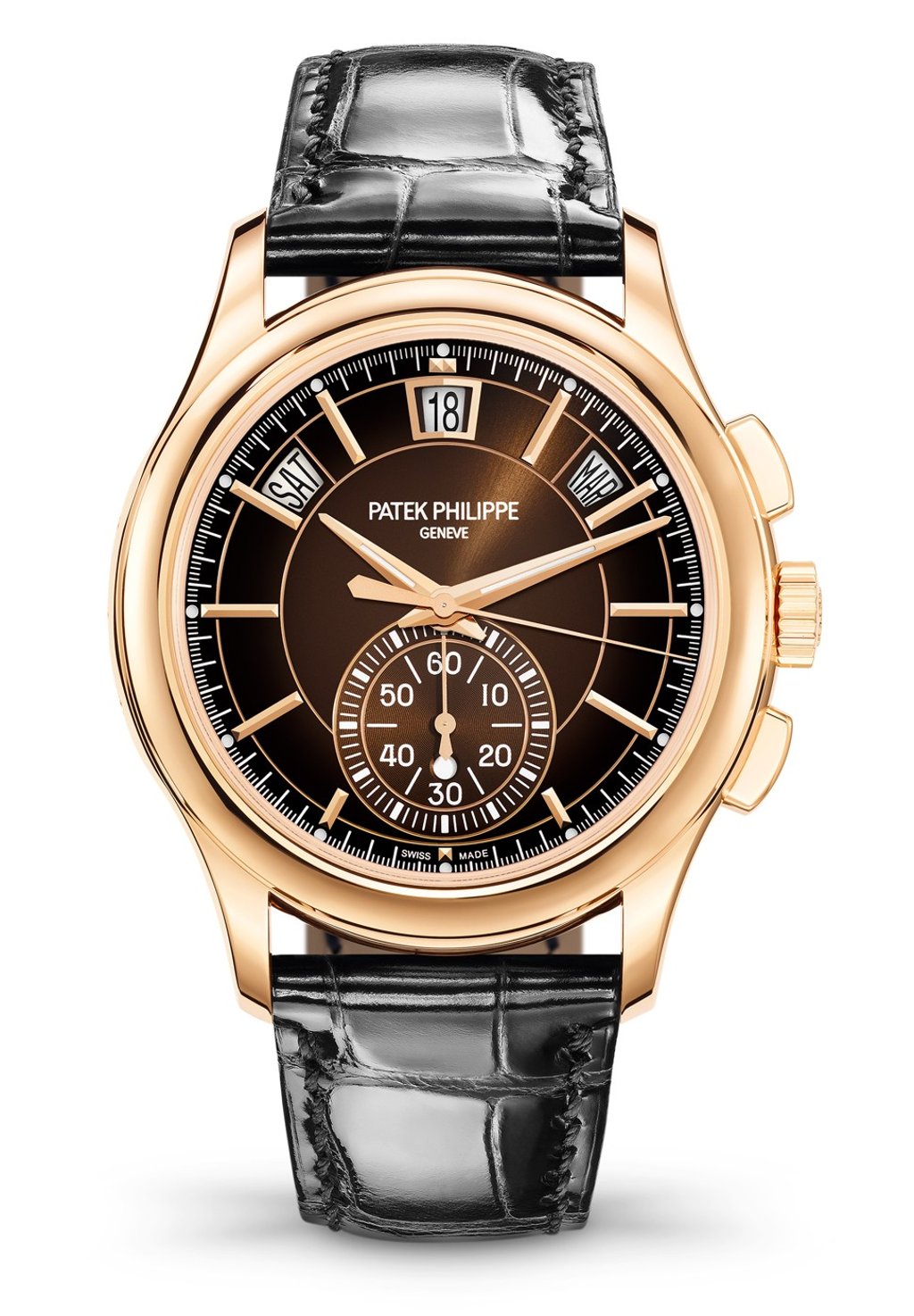 Patek Philippe’s 5905R features a 42mm self-winding flyback chronograph with annual calendar.