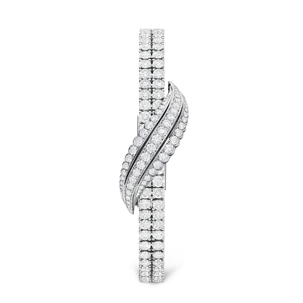 The tennis bracelet-style watch by Jaeger-LeCoultre is embellished with two rows of brilliant-cut diamonds.