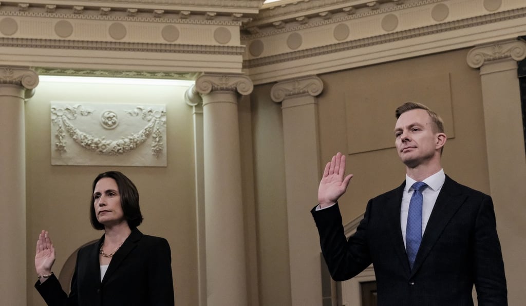 Fiona Hill and David Holmes are sworn in before testifying before the House Intelligence Committee on Thursday. Photo: Washington Post Fiona Hill and David Holmes are sworn in before testifying before the House Intelligence Committee on Thursday. Photo: Washington Post