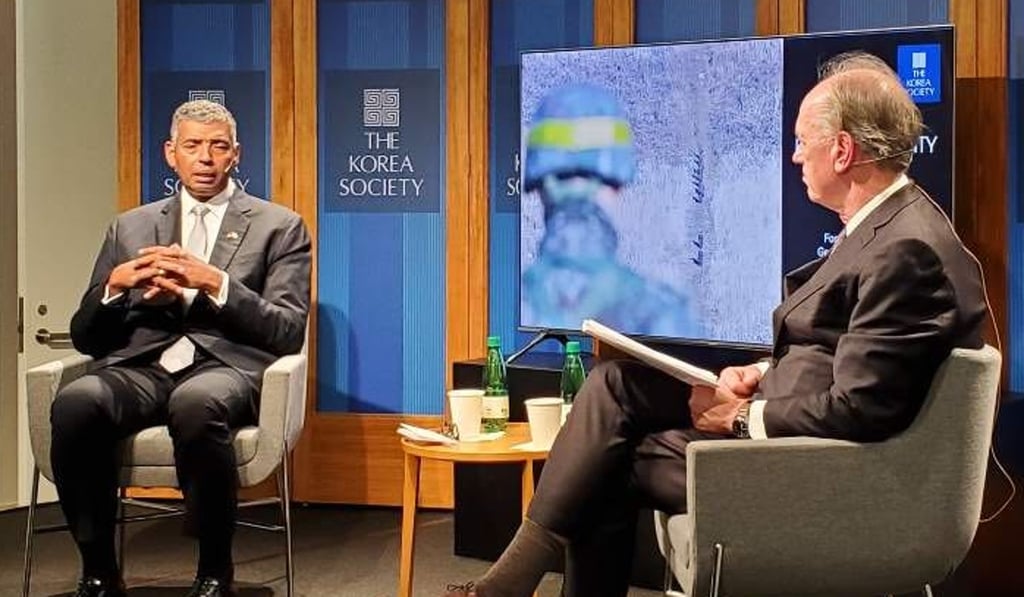 Retired US Army general Vincent Brooks (left) with Thomas J. Byrne at the Korea Society in New York on Friday. Brooks said South Korea's conditional extension of its military intelligence-sharing pact with Japan helps the US contain China. Photo: Korea Society