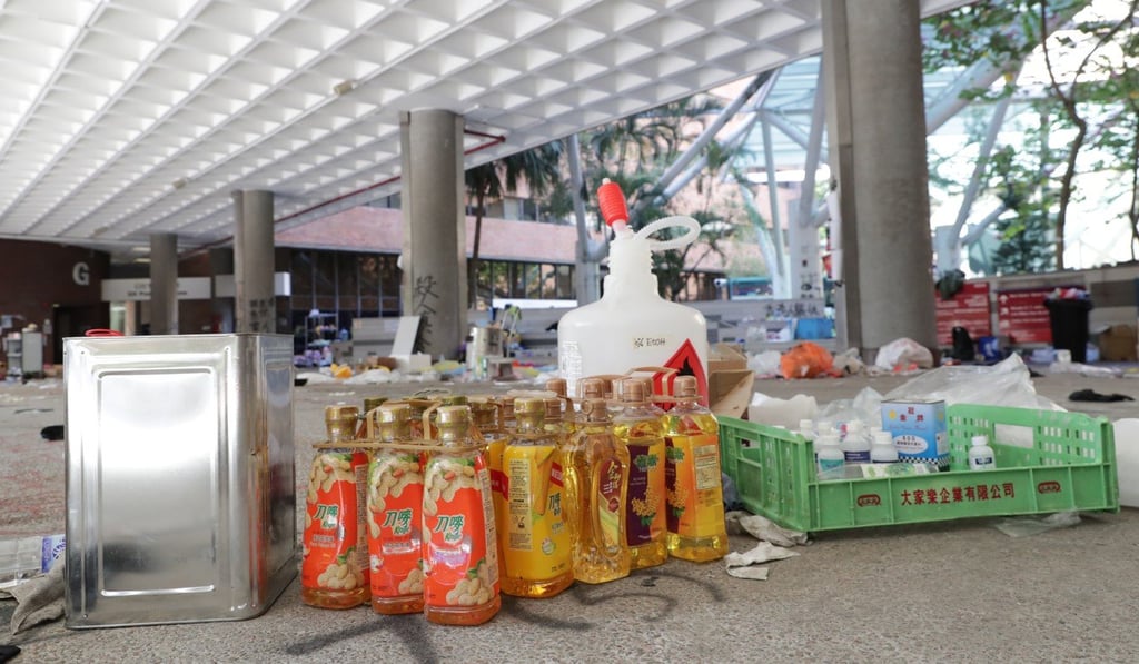 Cooking oil is among the objects littering the PolyU campus. Photo: Edmond So