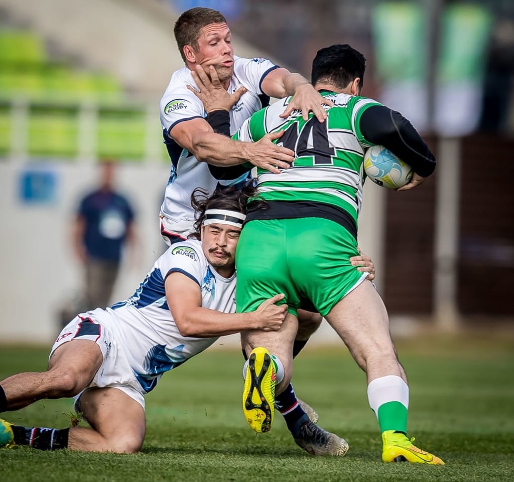 Lee Jones and Russell Webb against a ‘scrappy’ Afghanistan team. Photo: HKRU