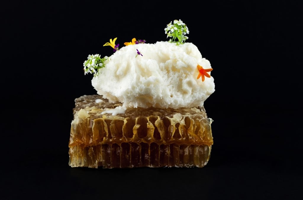 Honeycomb in a dessert at three-Michelin-starred restaurant Azurmendi in Spain Honeycomb in a dessert at three-Michelin-starred restaurant Azurmendi in Spain