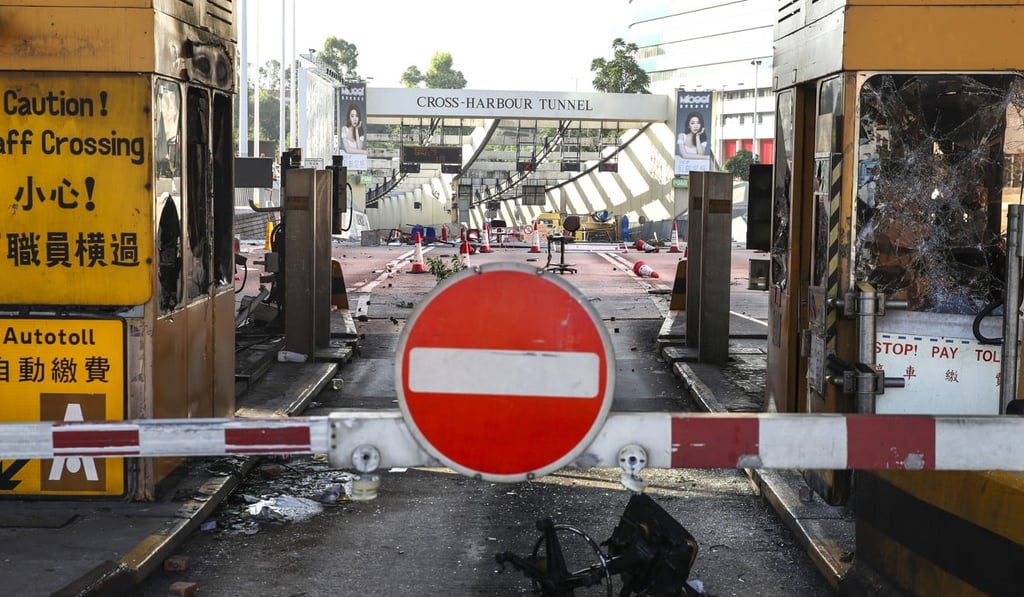 Torched toll booths at the Cross-Harbour Tunnel. Photo: Winson Wong