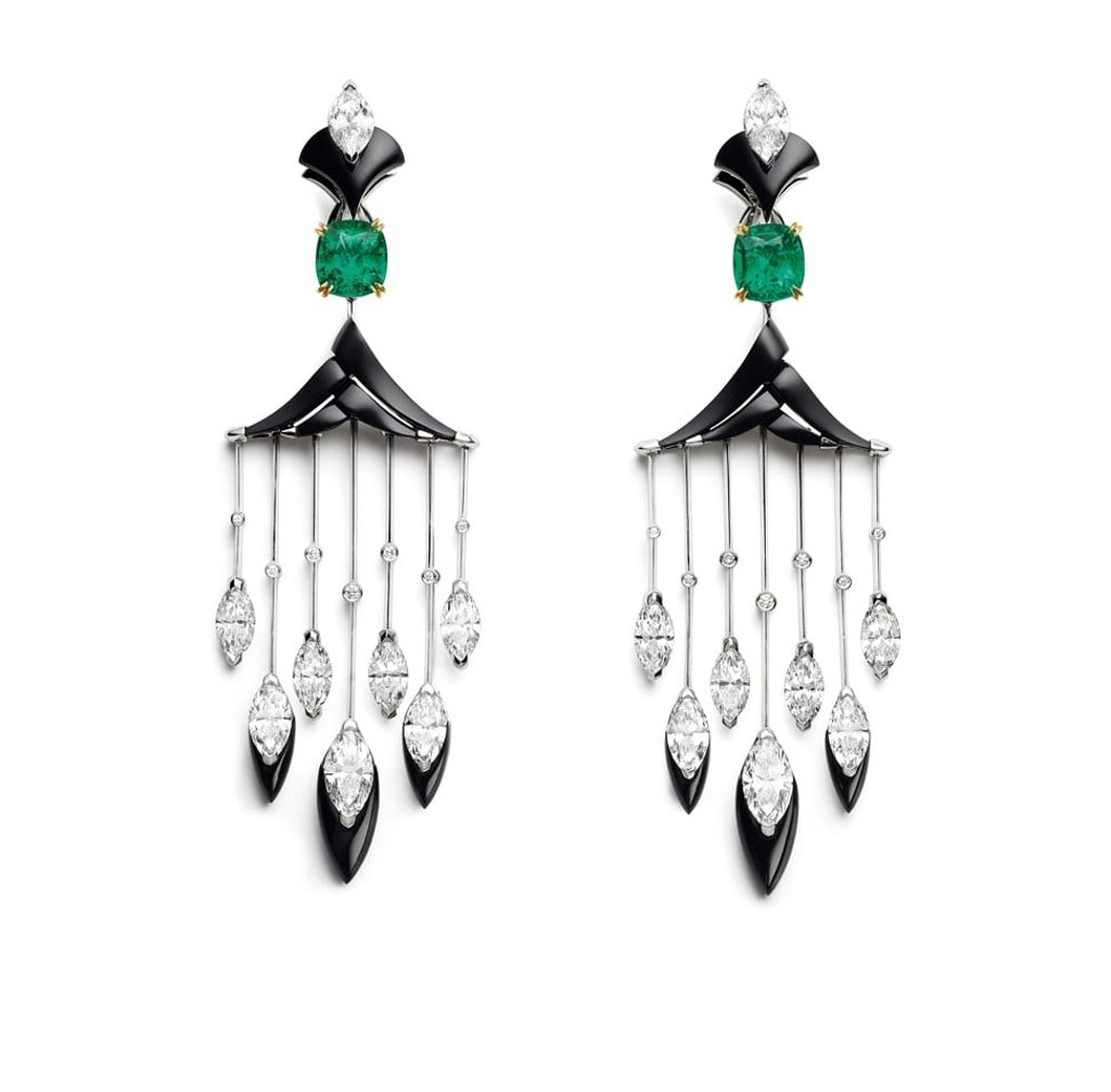 Chaumet’s Cascades Royale emerald and onyx earrings are brightened by two vivid green cushion-cut emeralds weighing 1.98ct and 1.86ct.
