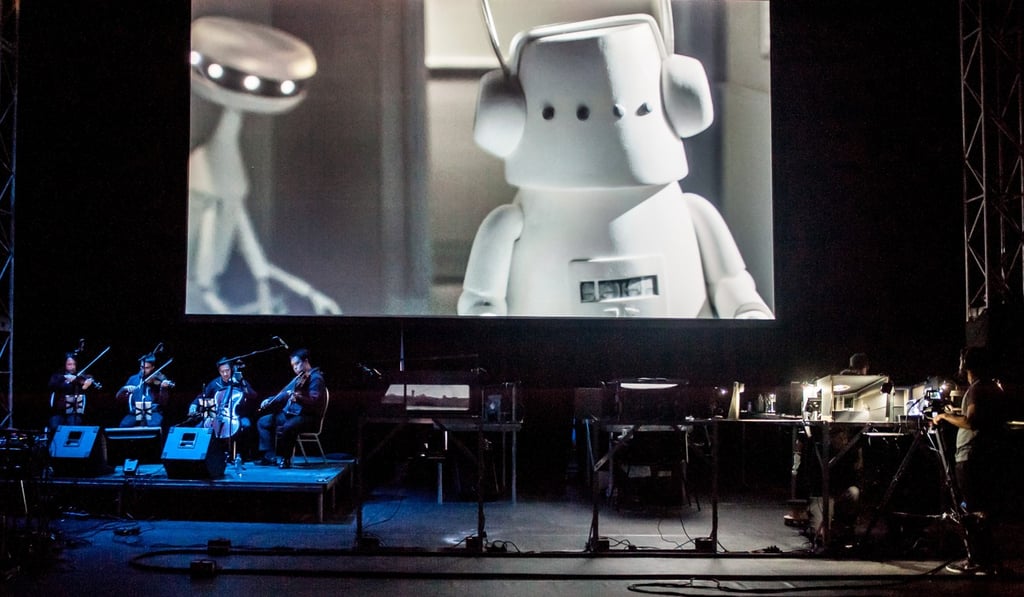 DJ Kid Koala's Nufonia Must Fall – a combination of cinema, theatre and concert, which reproduces Kid Koala’s graphic novel, features his original score, performed on piano and turntable, accompanied by the Afiara Quartet. Photo: AJ Korkidakis