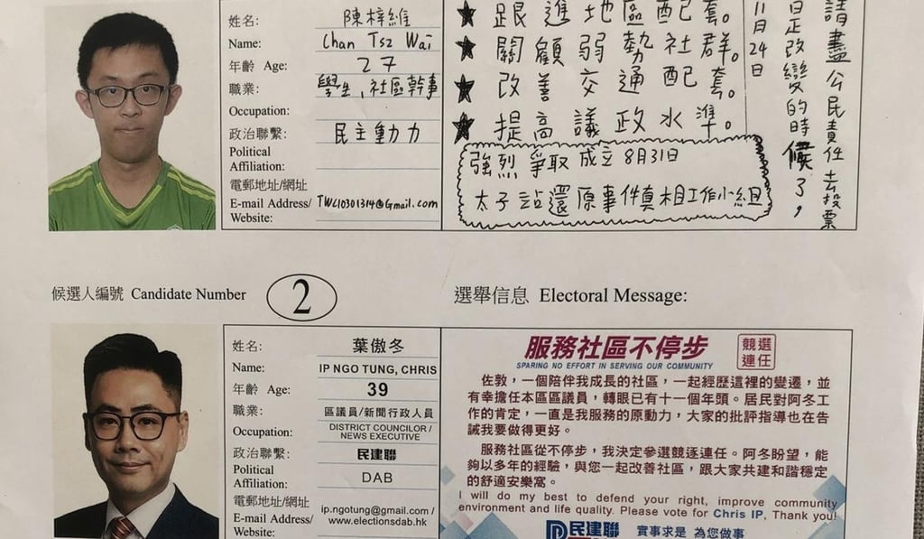 Chan Tsz-wai (top) laid out his election campaign with a poorly lit portrait and a handwritten manifesto. He still won. Photo: Handout Chan Tsz-wai (top) laid out his election campaign with a poorly lit portrait and a handwritten manifesto. He still won. Photo: Handout