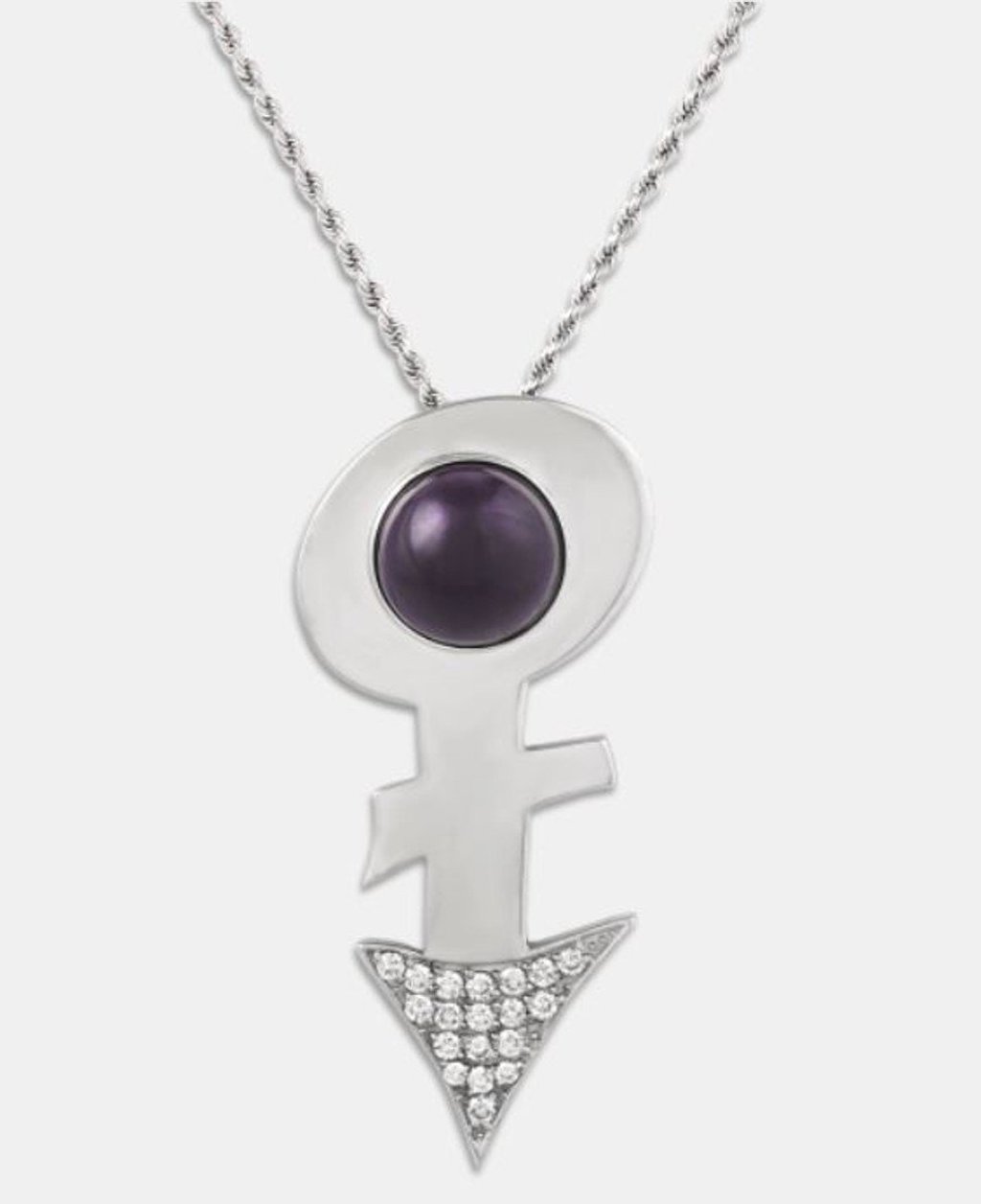 Prince’s ‘love symbol’ pendant, in white gold set with a 14-carat dark purple amethyst and diamond accents, is priced at US$58,500. Photo: Handout