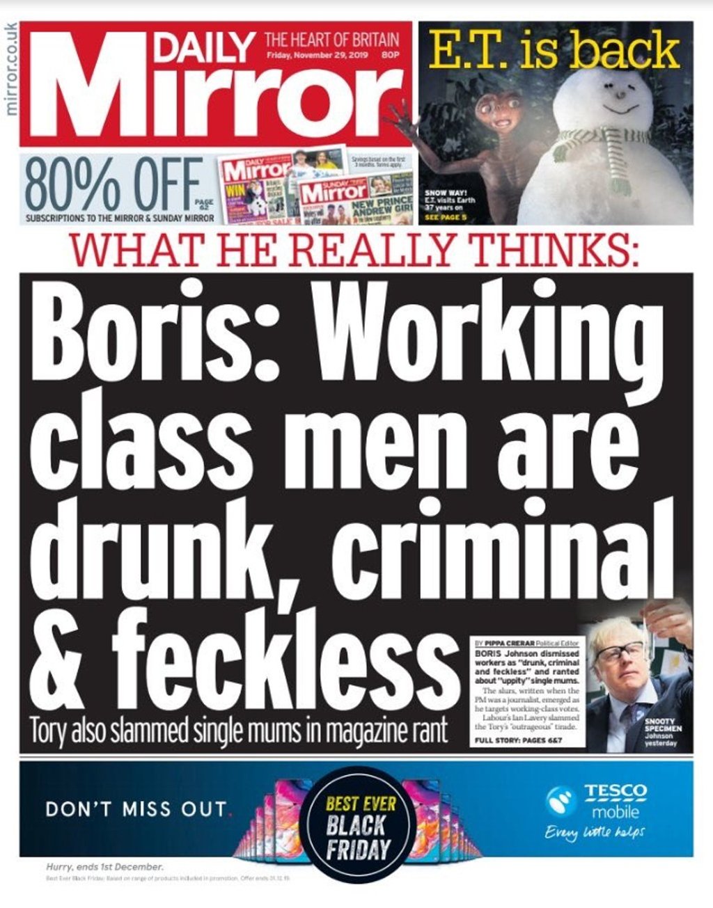 The quotes were splashed across the front page of the left-wing Daily Mirror tabloid. Photo: Twitter