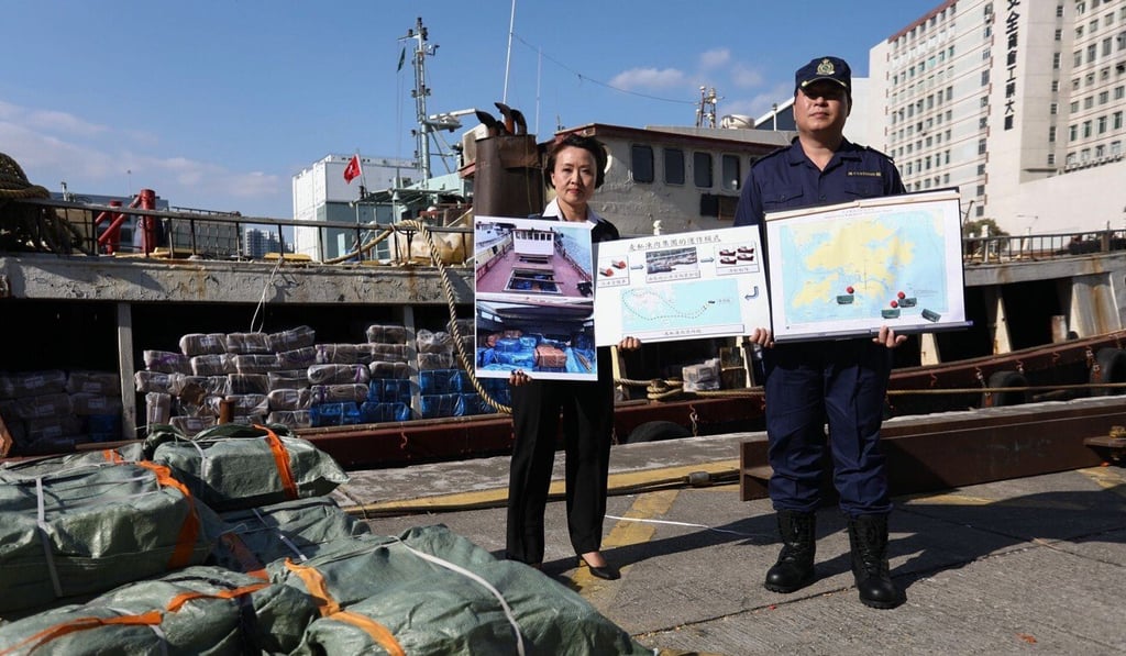 Rita Li Yim-ping (left) and Wong Ngar-lun, from Hong Kong Customs, with the seized meat in Chai Wan’s public cargo working area. Photo: Tory Ho