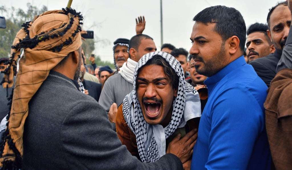 An Iraqi mourner reacts during a funeral procession for anti-government demonstrators in Najaf. Photo: AFP