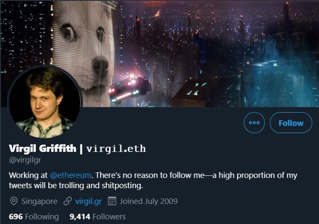 A screen grab of Virgil Griffith's Twitter account. Image: Twitter