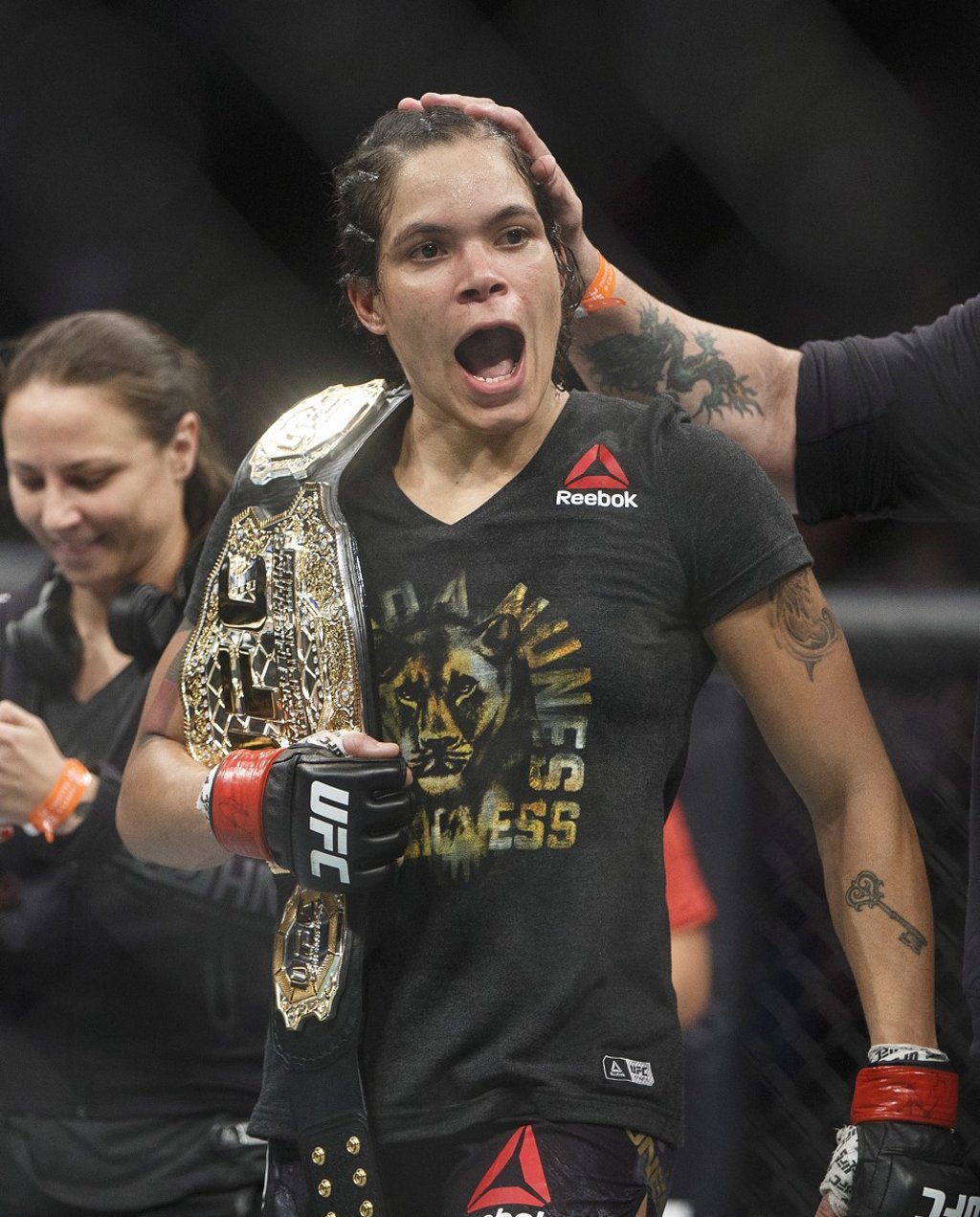 Amanda Nunes, of Brazil, celebrates after defeating Kyrgyzstan’s Valentina Shevchenko at UFC 215 in Edmonton, Alberta in September 2017. Photo: The Canadian Press via AP