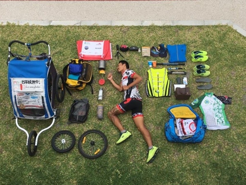 Wong Ho-fai carries all his gear in a buggy.