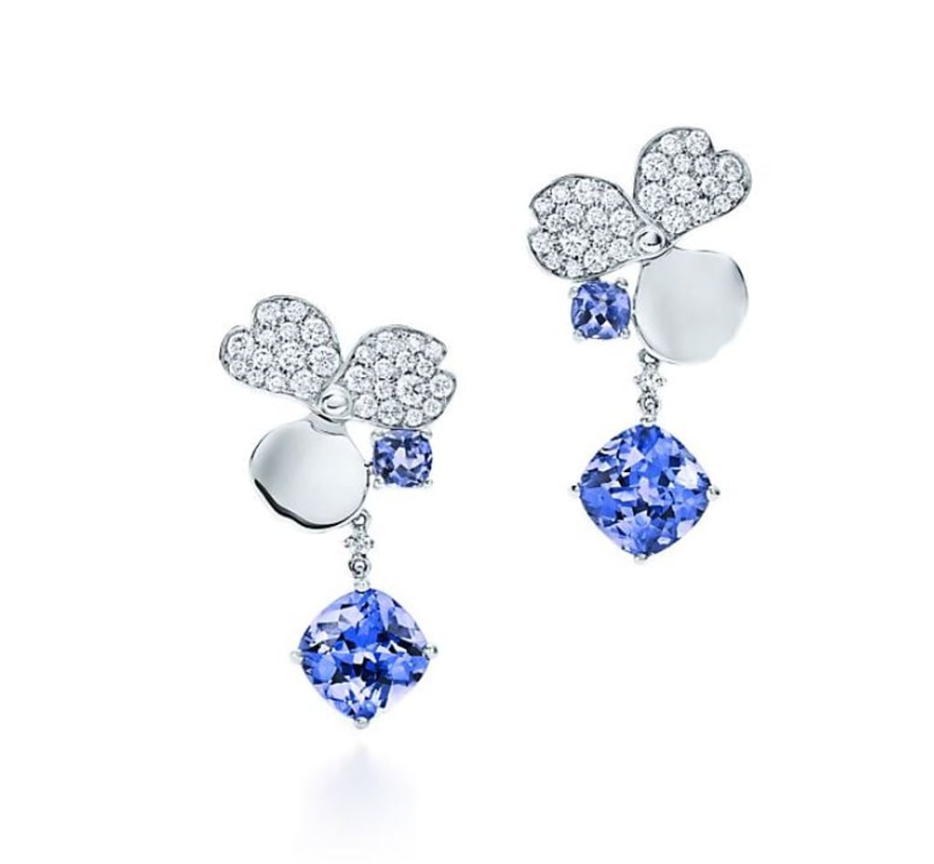 Tiffany Paper Flowers diamond and tanzanite flower drop earrings in platinum