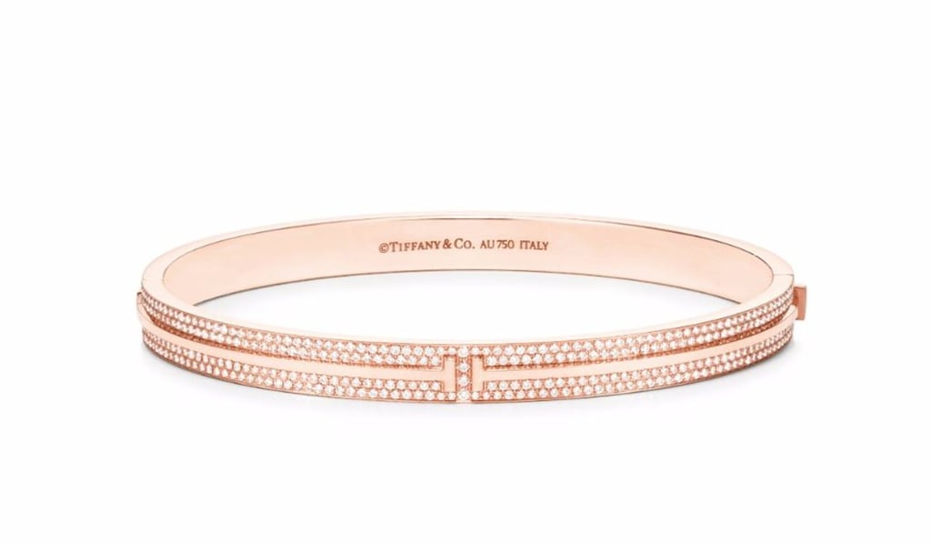 Tiffany T two-hinged bangle in 18ct rose gold with pavé diamonds