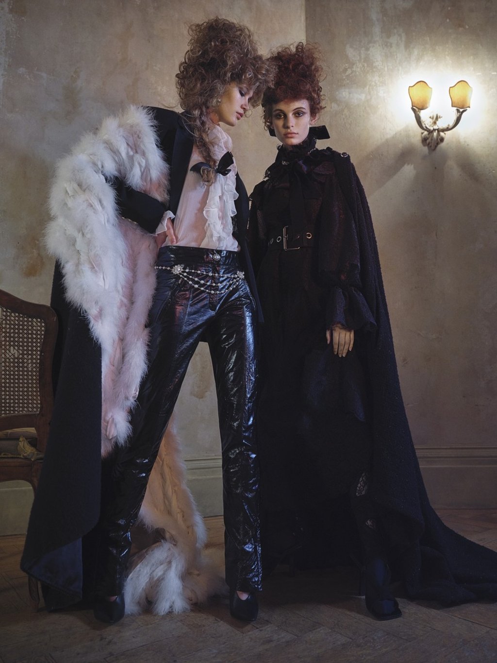 Left: Chanel cape, US$30,700, belt, price on request; necklace, US$1,600; blouse, US$4,200; trousers, price on request; Versace suit jacket, US$4,200; Elie Saab shoes, price on request; Right: Zimmermann gown, US$3,700; JW Anderson belt and shoes, prices on request; Versace leggings, necklace, prices on request, coat, price on request