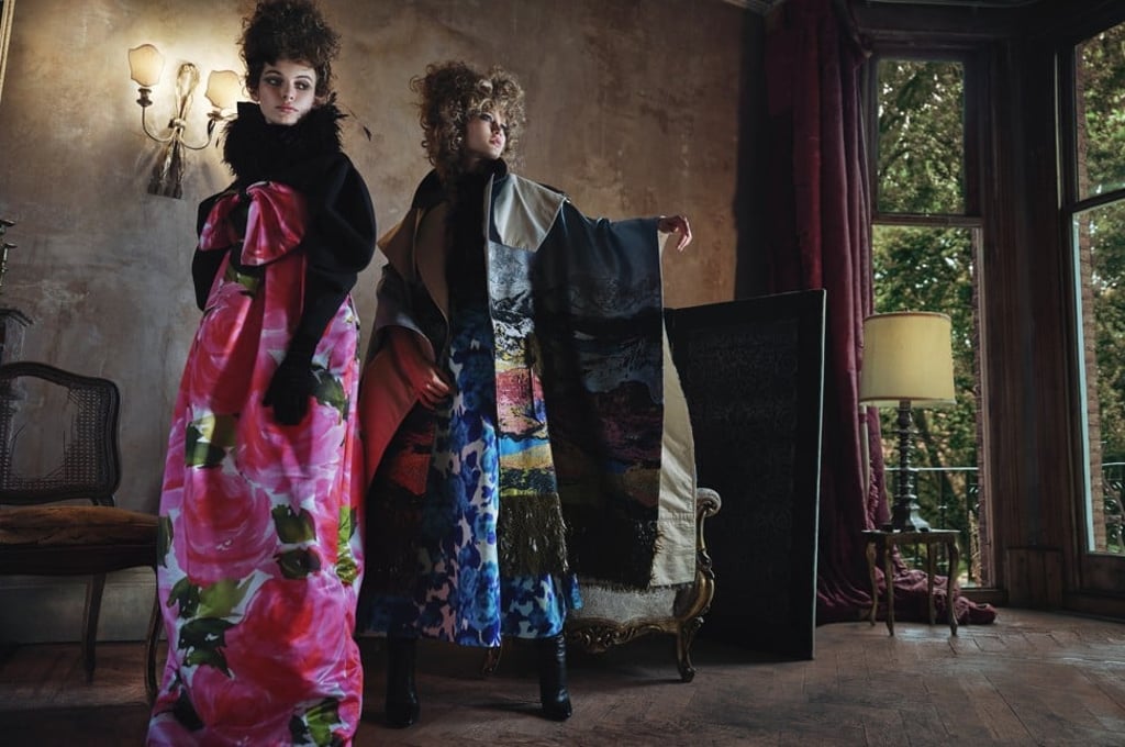 Left: Richard Quinn jumper with gloves, rose printed dress, prices on request; Givenchy dress worn as shirt, US$2,900; Right: Richard Quinn dress with feathers top, price on request; Mary Katranzou coat, price on request; Saint Laurent by Anthony Vaccarello boots, price on request